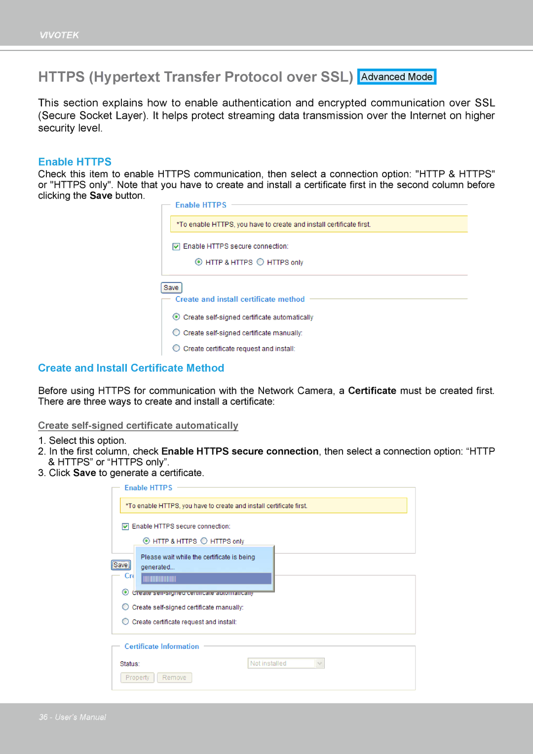 Vivotek PT8133 user manual Https Hypertext Transfer Protocol over SSL, Enable Https, Create and Install Certificate Method 