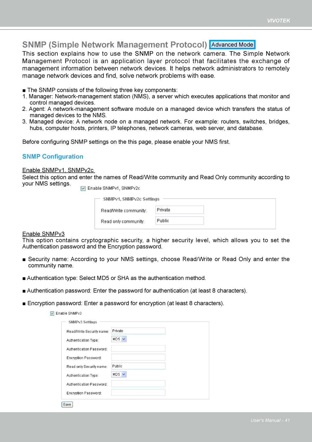 Vivotek PT8133 user manual Snmp Simple Network Management Protocol, Snmp Configuration 