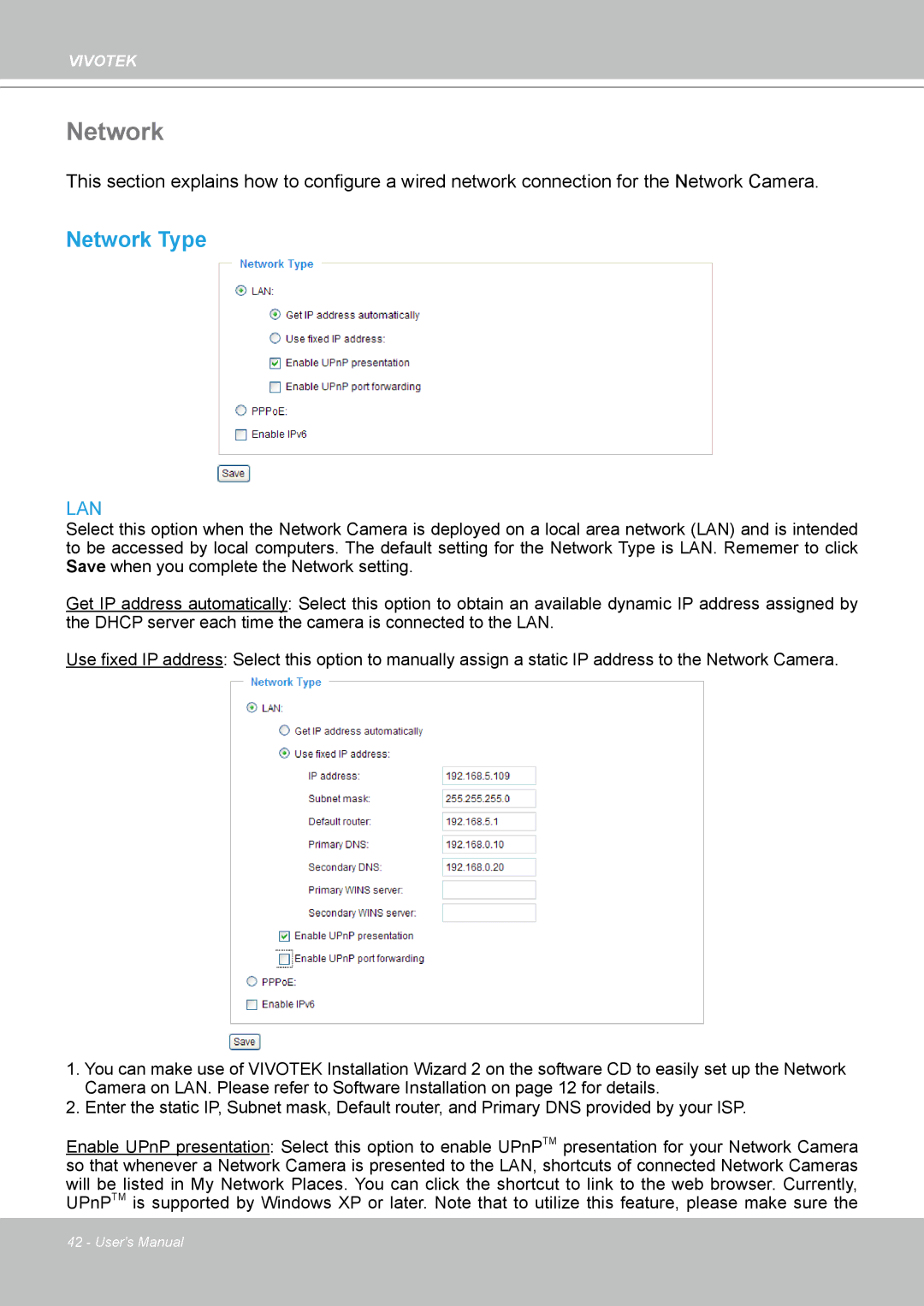 Vivotek PT8133 user manual Network Type 