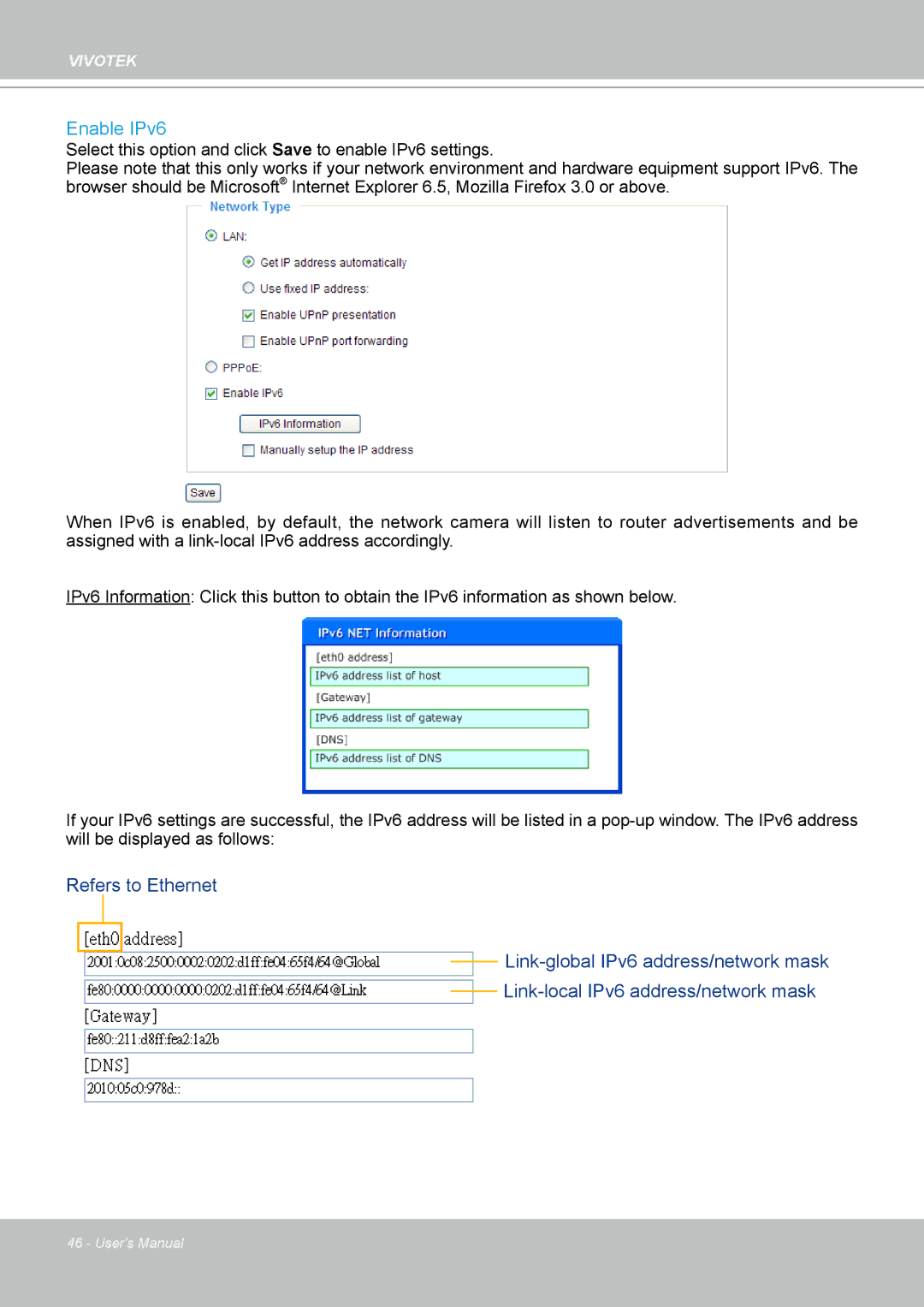 Vivotek PT8133 user manual Enable IPv6 