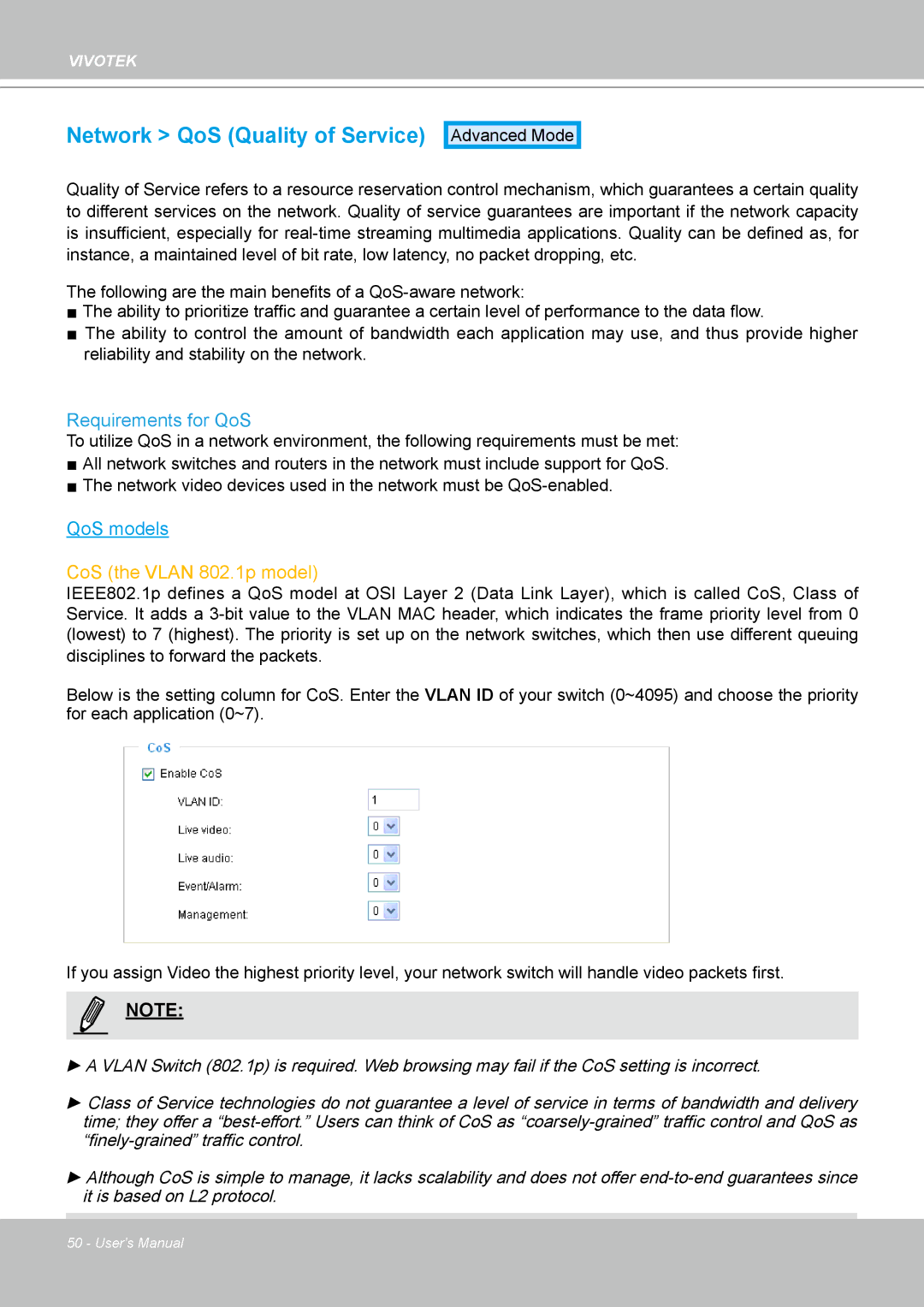 Vivotek PT8133 user manual Network QoS Quality of Service 