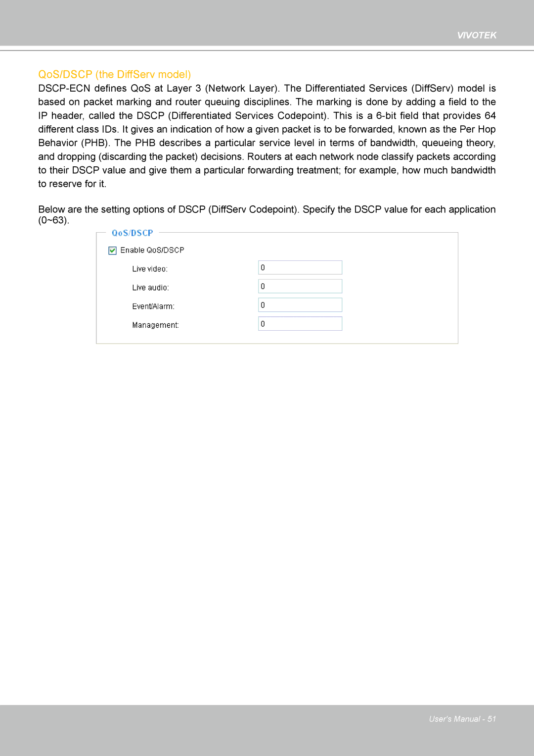 Vivotek PT8133 user manual QoS/DSCP the DiffServ model 