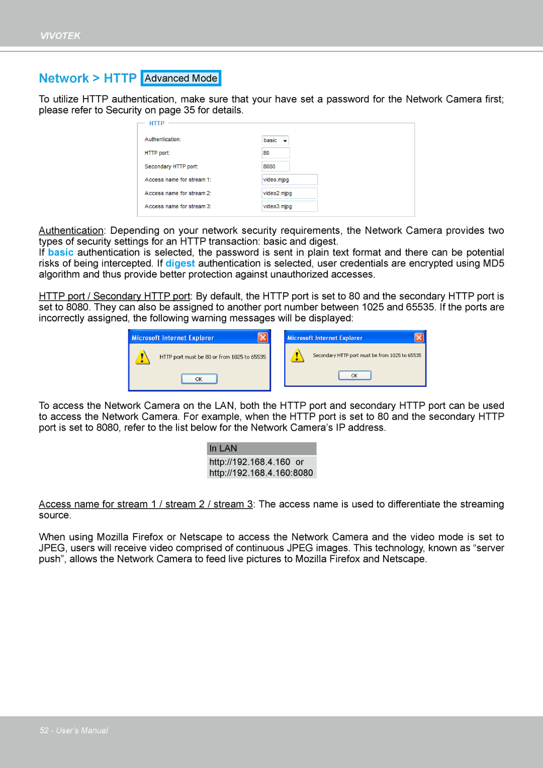 Vivotek PT8133 user manual Network Http 