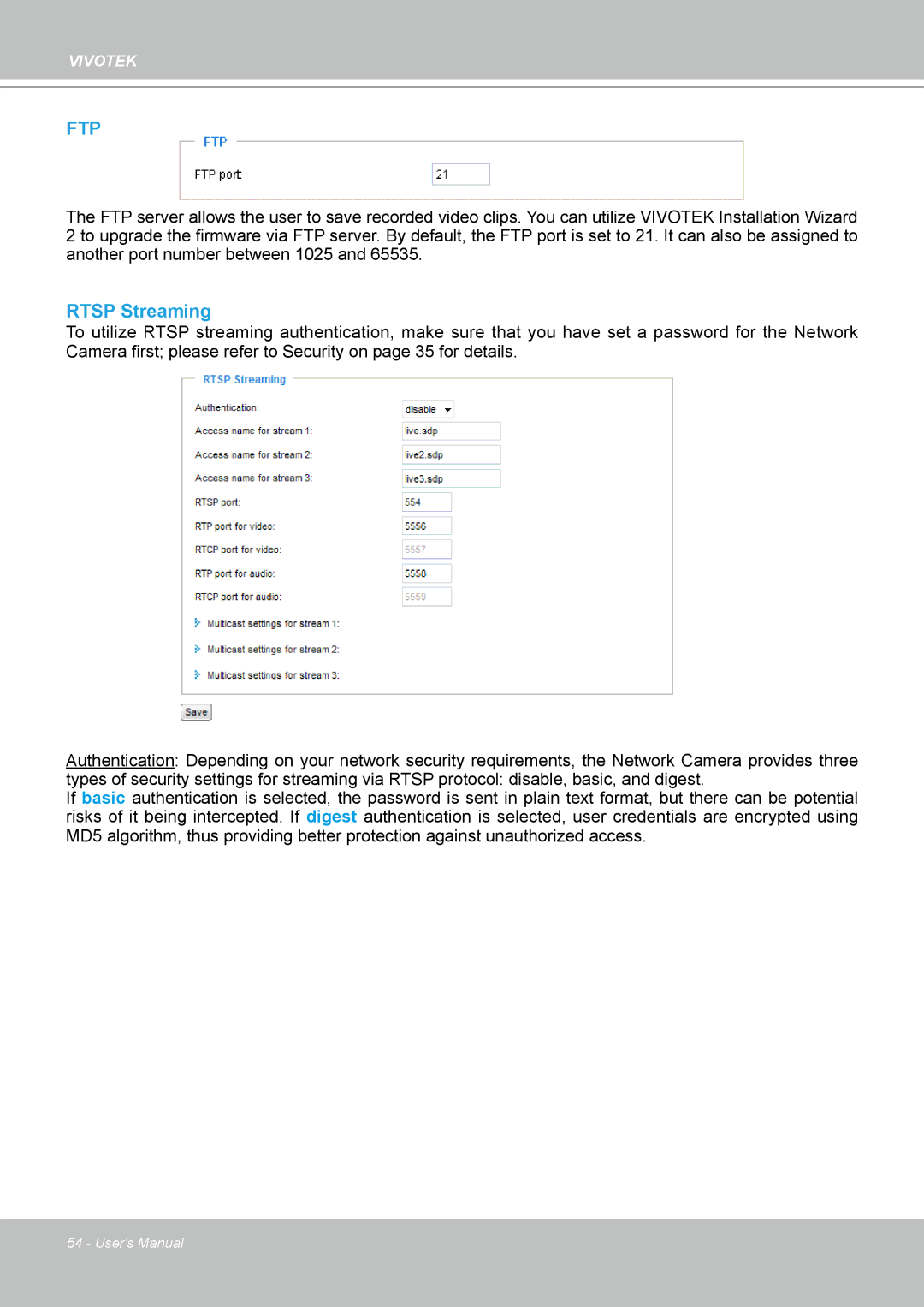 Vivotek PT8133 user manual Ftp, Rtsp Streaming 