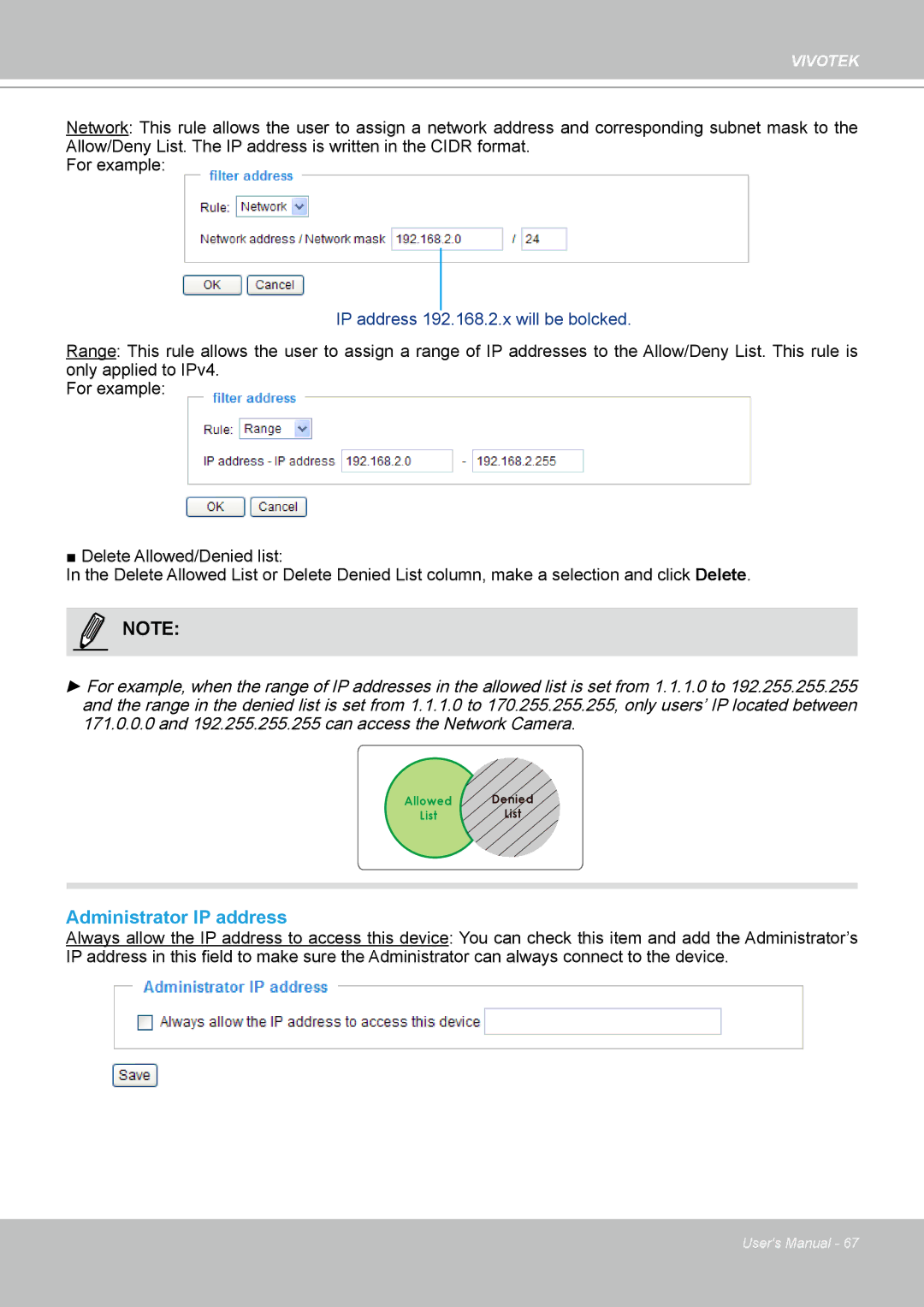 Vivotek PT8133 user manual Administrator IP address, IP address 192.168.2.x will be bolcked 