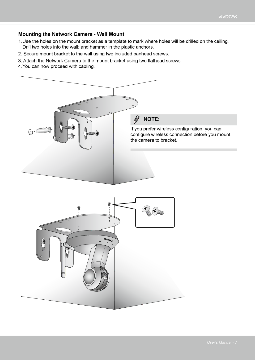 Vivotek PT8133 user manual Mounting the Network Camera Wall Mount 