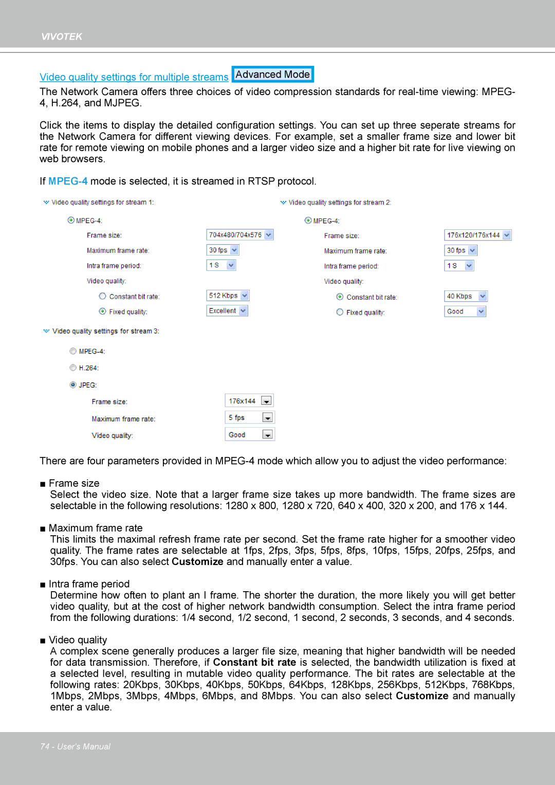 Vivotek PT8133 user manual Video quality settings for multiple streams 