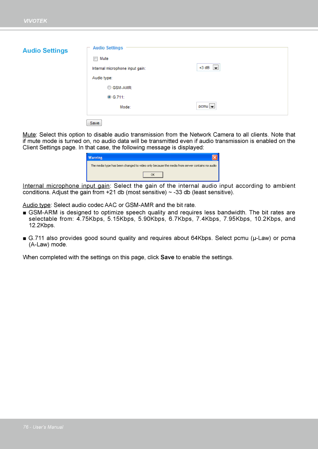 Vivotek PT8133 user manual Audio Settings 