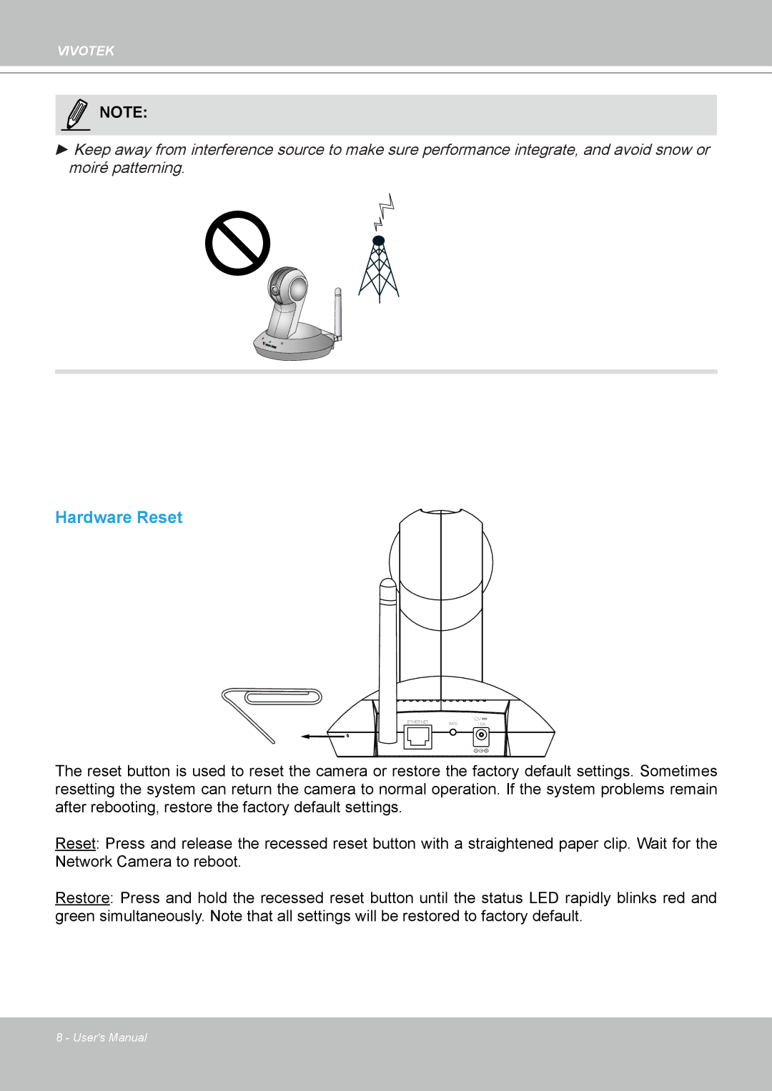 Vivotek PT8133 user manual Hardware Reset 