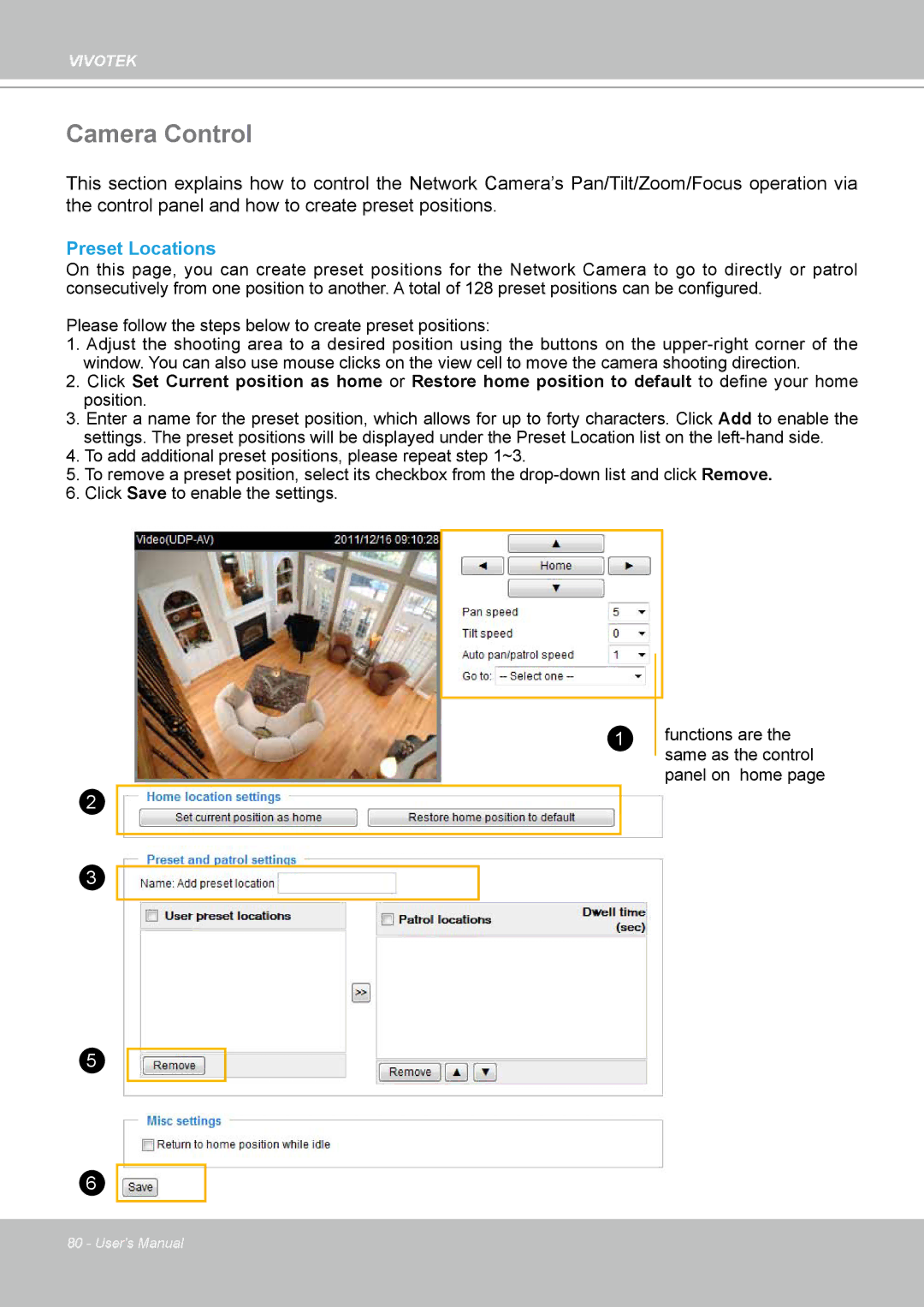 Vivotek PT8133 user manual Camera Control, Preset Locations 