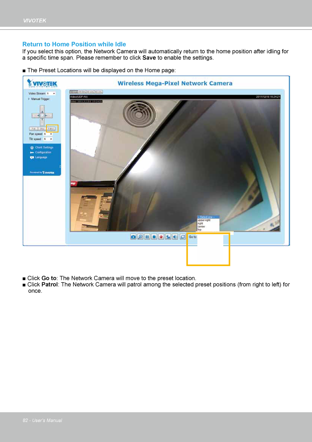 Vivotek PT8133 user manual Return to Home Position while Idle 