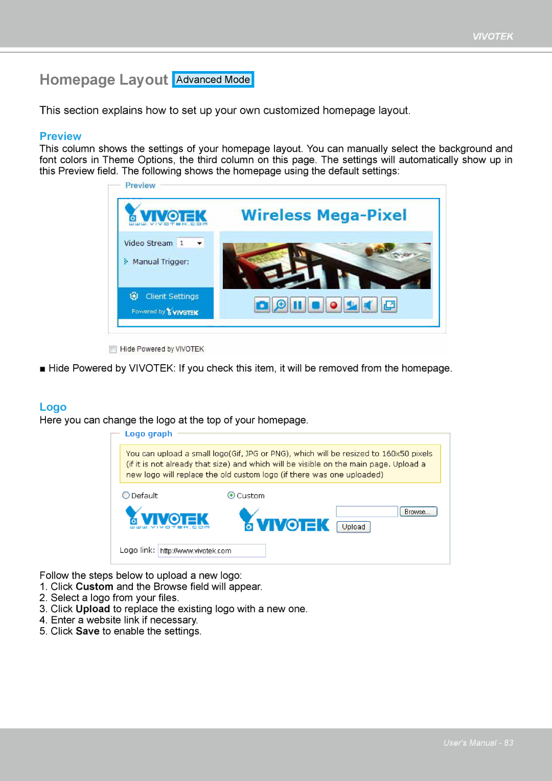 Vivotek PT8133 user manual Homepage Layout, Preview, Logo 