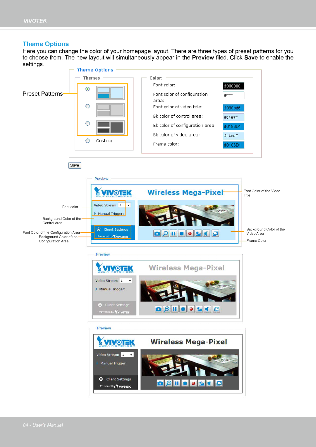 Vivotek PT8133 user manual Theme Options 