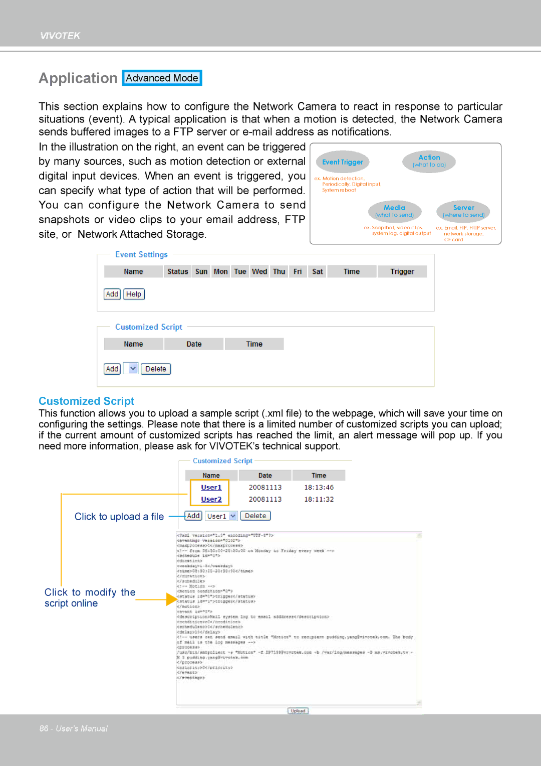 Vivotek PT8133 user manual Application, Customized Script 