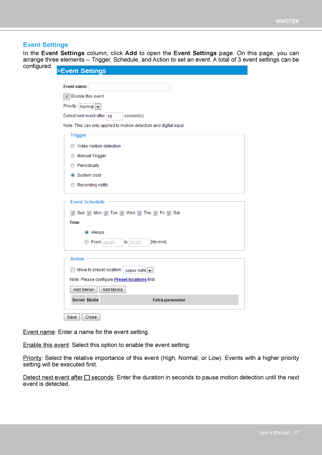 Vivotek PT8133 user manual Event Settings 