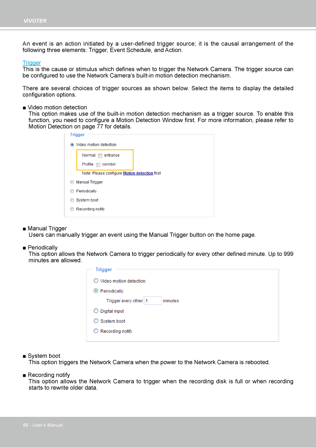 Vivotek PT8133 user manual Trigger 