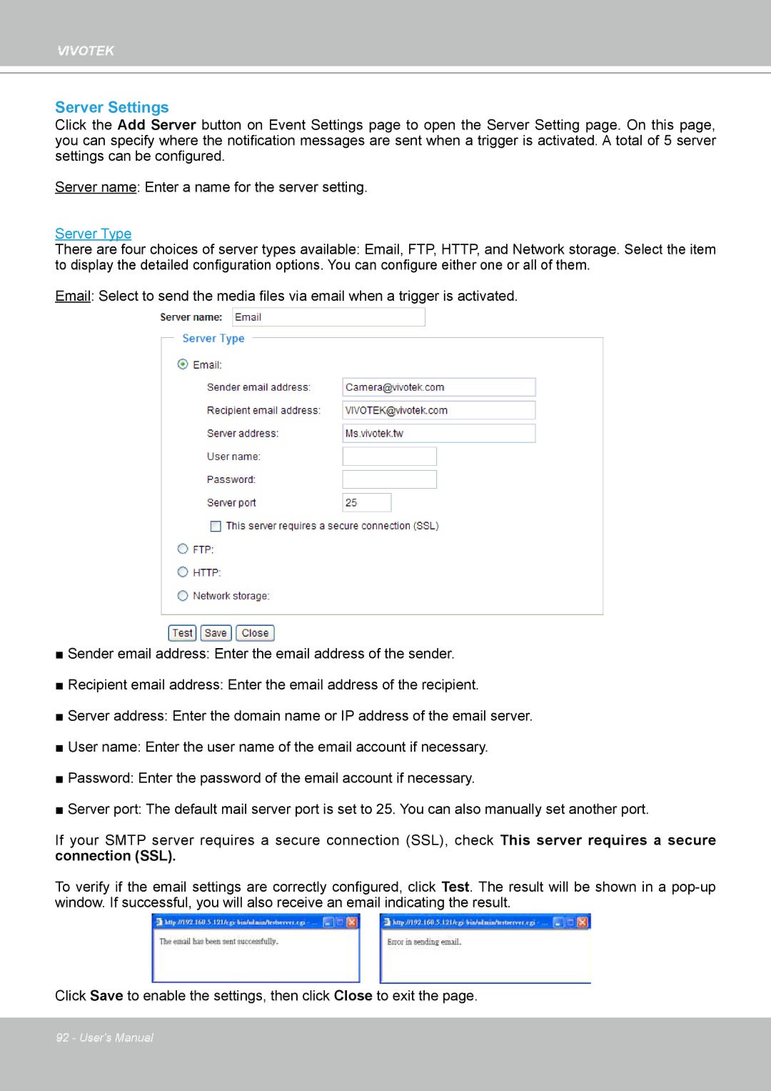 Vivotek PT8133 user manual Server Settings, Server Type 