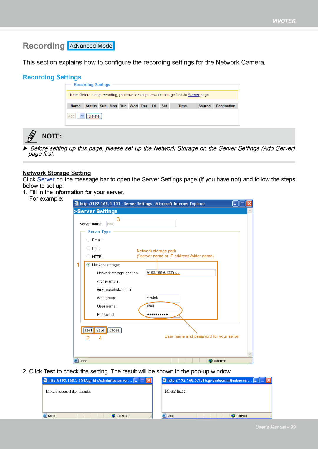 Vivotek PT8133 user manual Recording Settings 