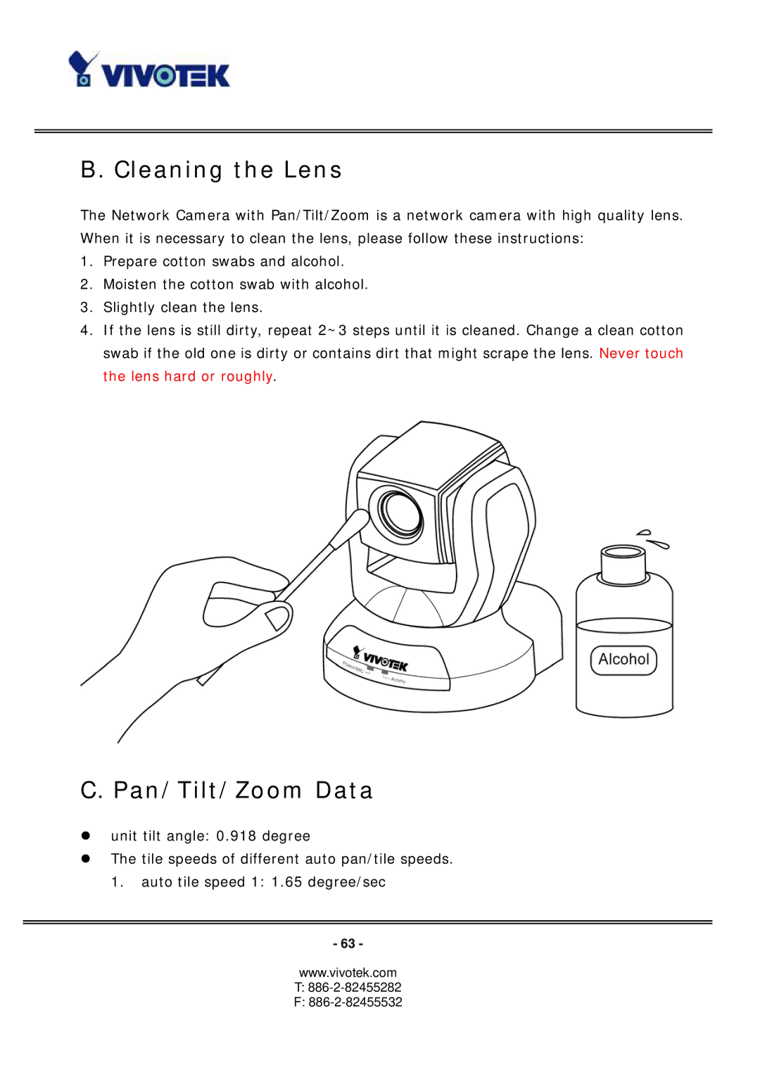 Vivotek PZ6122, PZ6112 manual Cleaning the Lens, Pan/Tilt/Zoom Data 