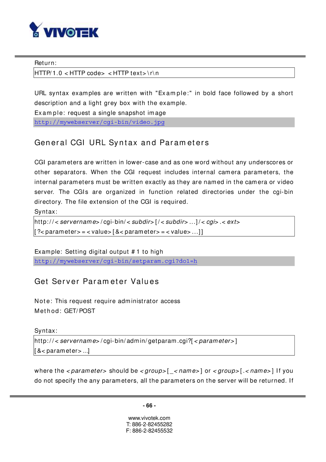 Vivotek PZ6112, PZ6122 manual General CGI URL Syntax and Parameters, Get Server Parameter Values, Method GET/POST 