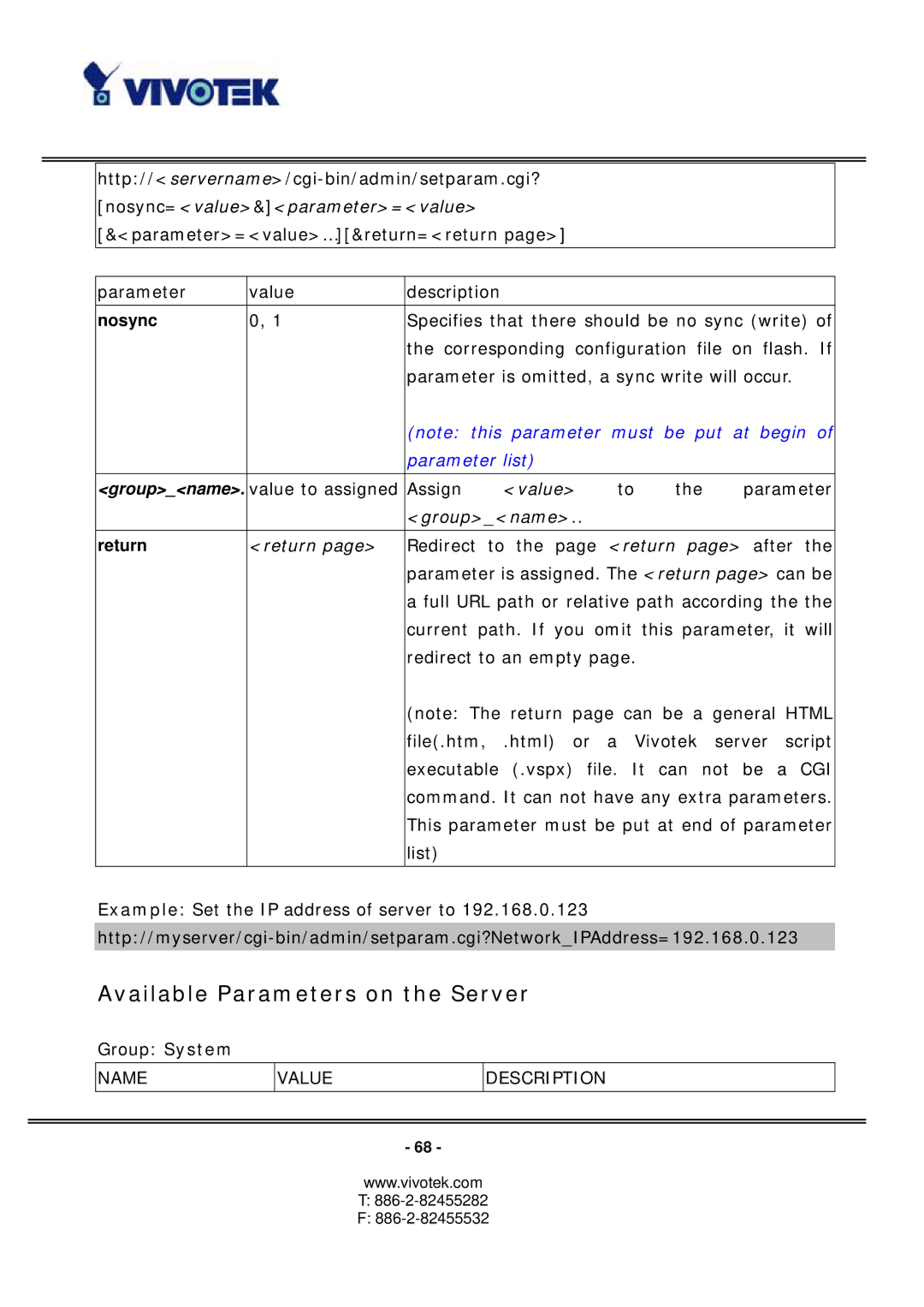 Vivotek PZ6112, PZ6122 manual Available Parameters on the Server, Nosync 