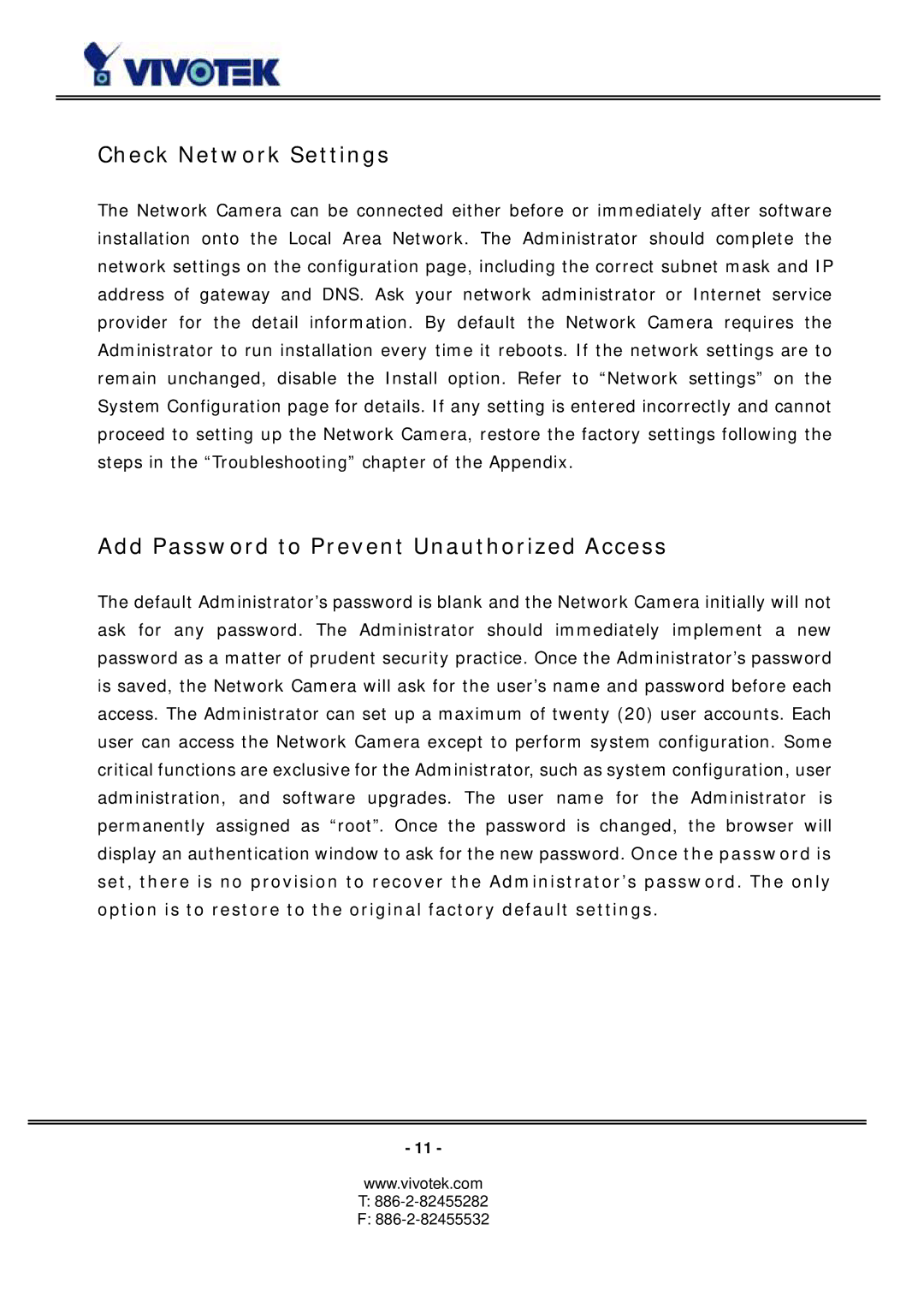 Vivotek PZ6114/PZ6124 manual Check Network Settings, Add Password to Prevent Unauthorized Access 