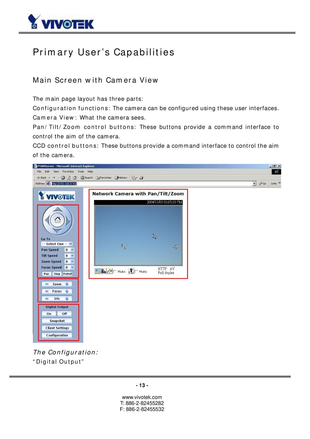 Vivotek PZ6114/PZ6124 manual Primary User’s Capabilities, Main Screen with Camera View, Configuration, Digital Output 