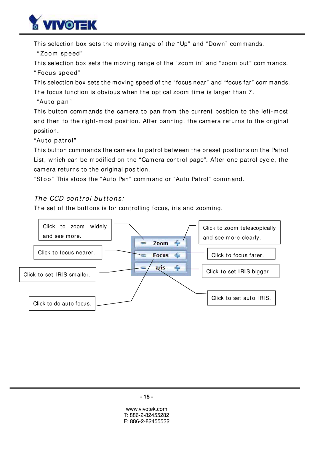 Vivotek PZ6114/PZ6124 manual CCD control buttons, Zoom speed, Focus speed, Auto pan, Auto patrol 