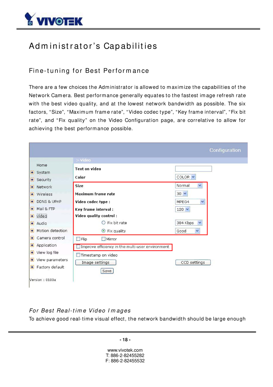 Vivotek PZ6114/PZ6124 Administrator’s Capabilities, Fine-tuning for Best Performance, For Best Real-time Video Images 