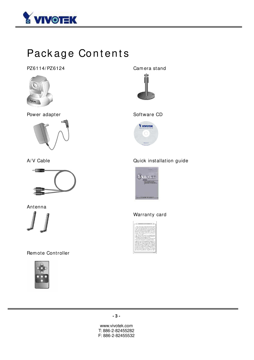 Vivotek PZ6114/PZ6124 manual Package Contents 