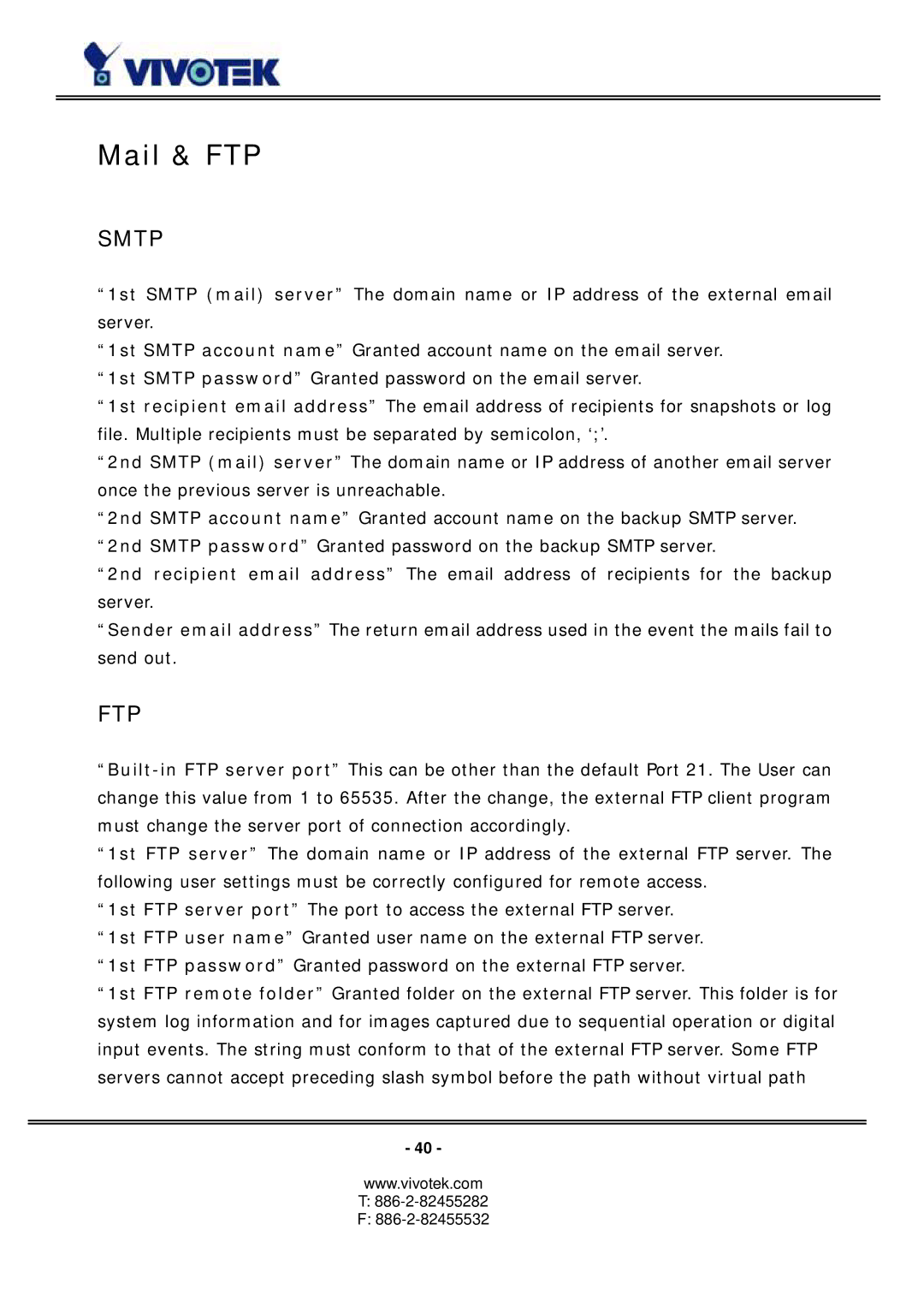 Vivotek PZ6114/PZ6124 manual Mail & FTP, Smtp 