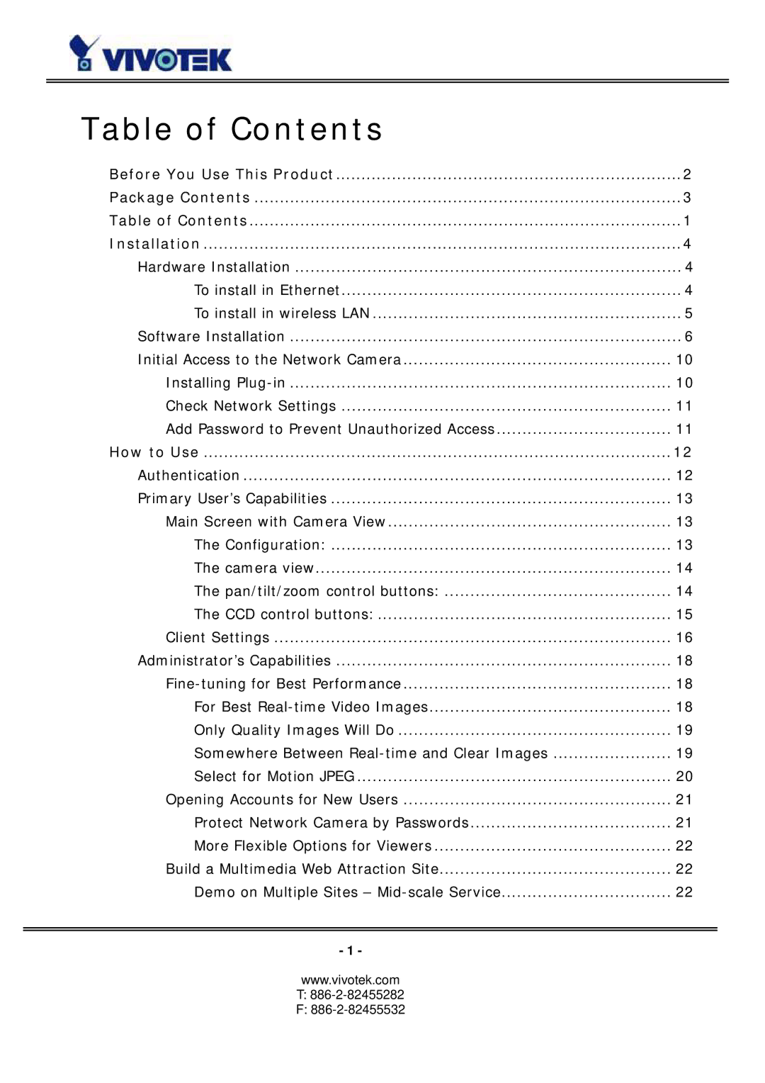 Vivotek PZ6114/PZ6124 manual Table of Contents 