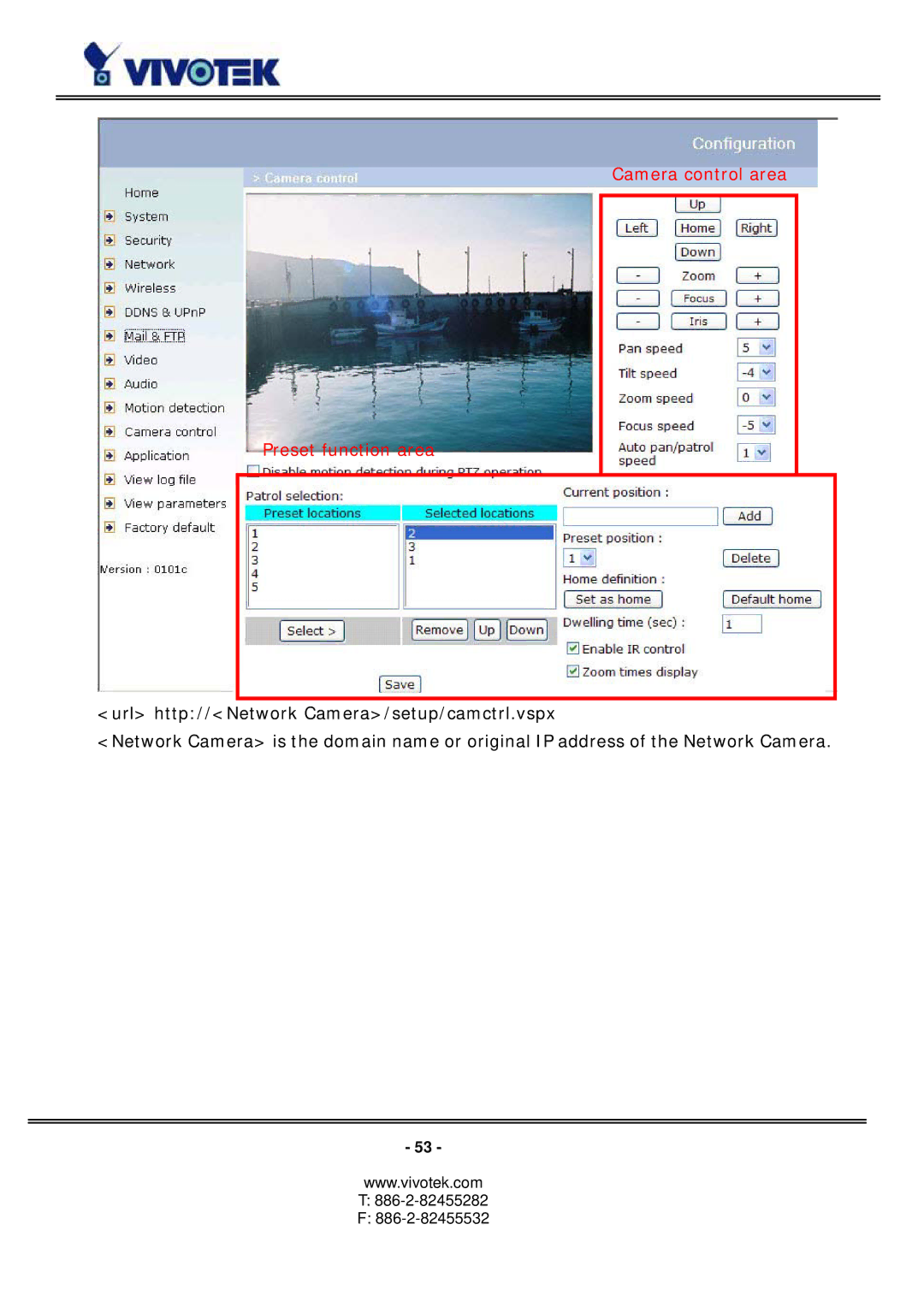 Vivotek PZ6114/PZ6124 manual Camera control area Preset function area 