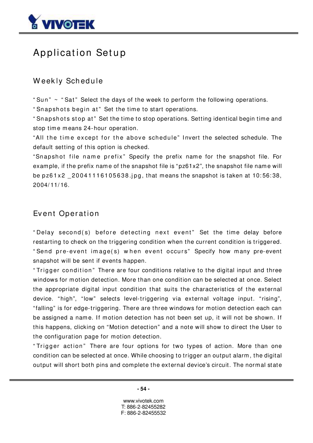 Vivotek PZ6114/PZ6124 manual Application Setup, Weekly Schedule, Event Operation 