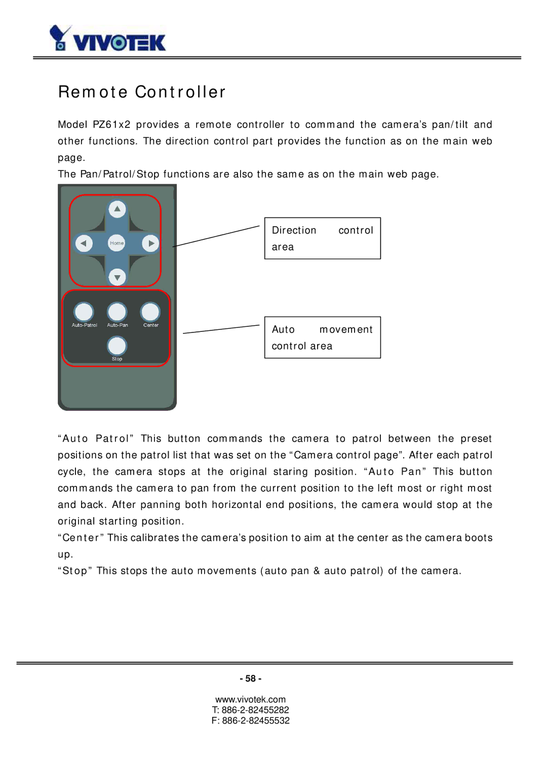 Vivotek PZ6114/PZ6124 manual Remote Controller 