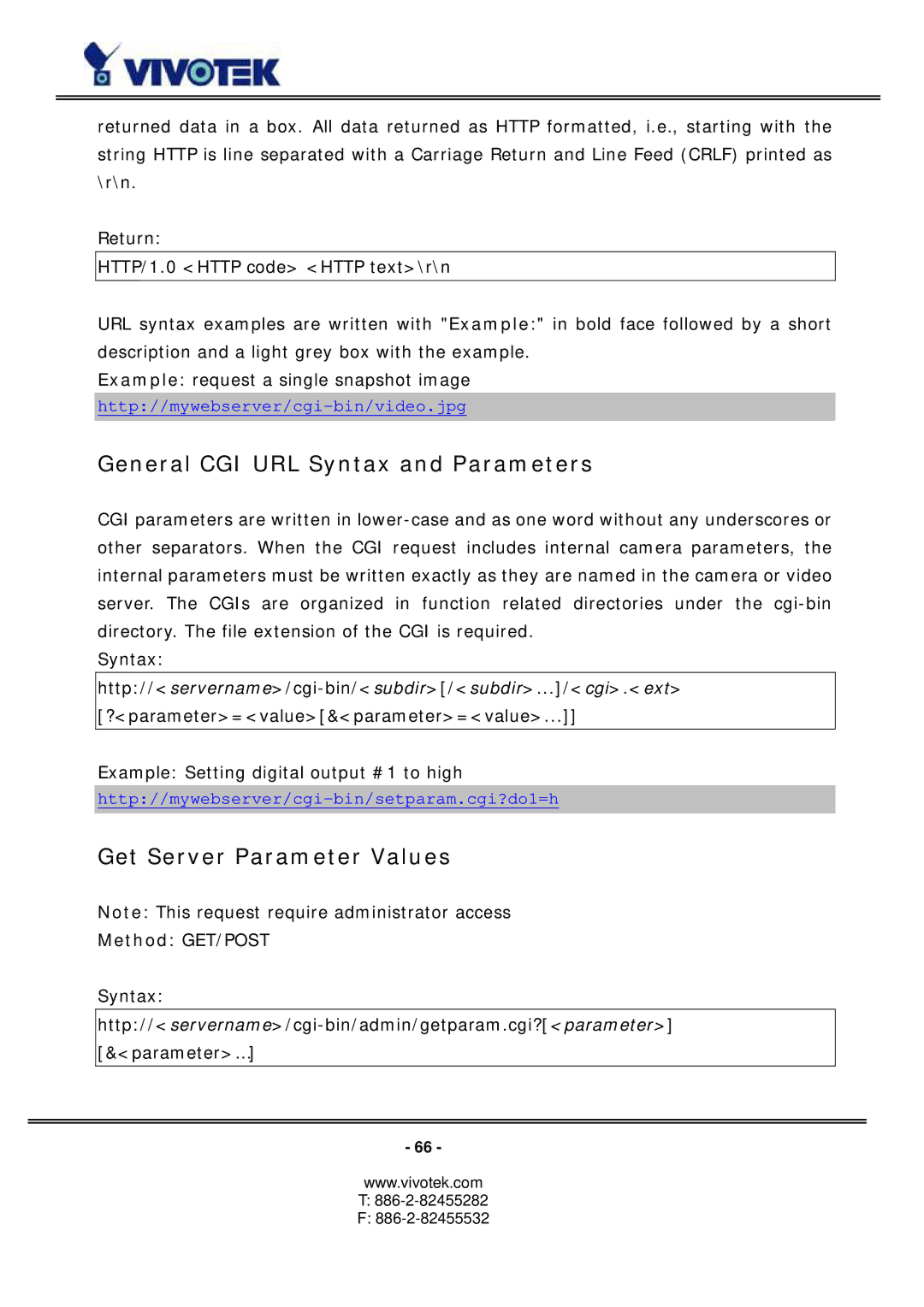 Vivotek PZ6114/PZ6124 manual General CGI URL Syntax and Parameters, Get Server Parameter Values, Method GET/POST 