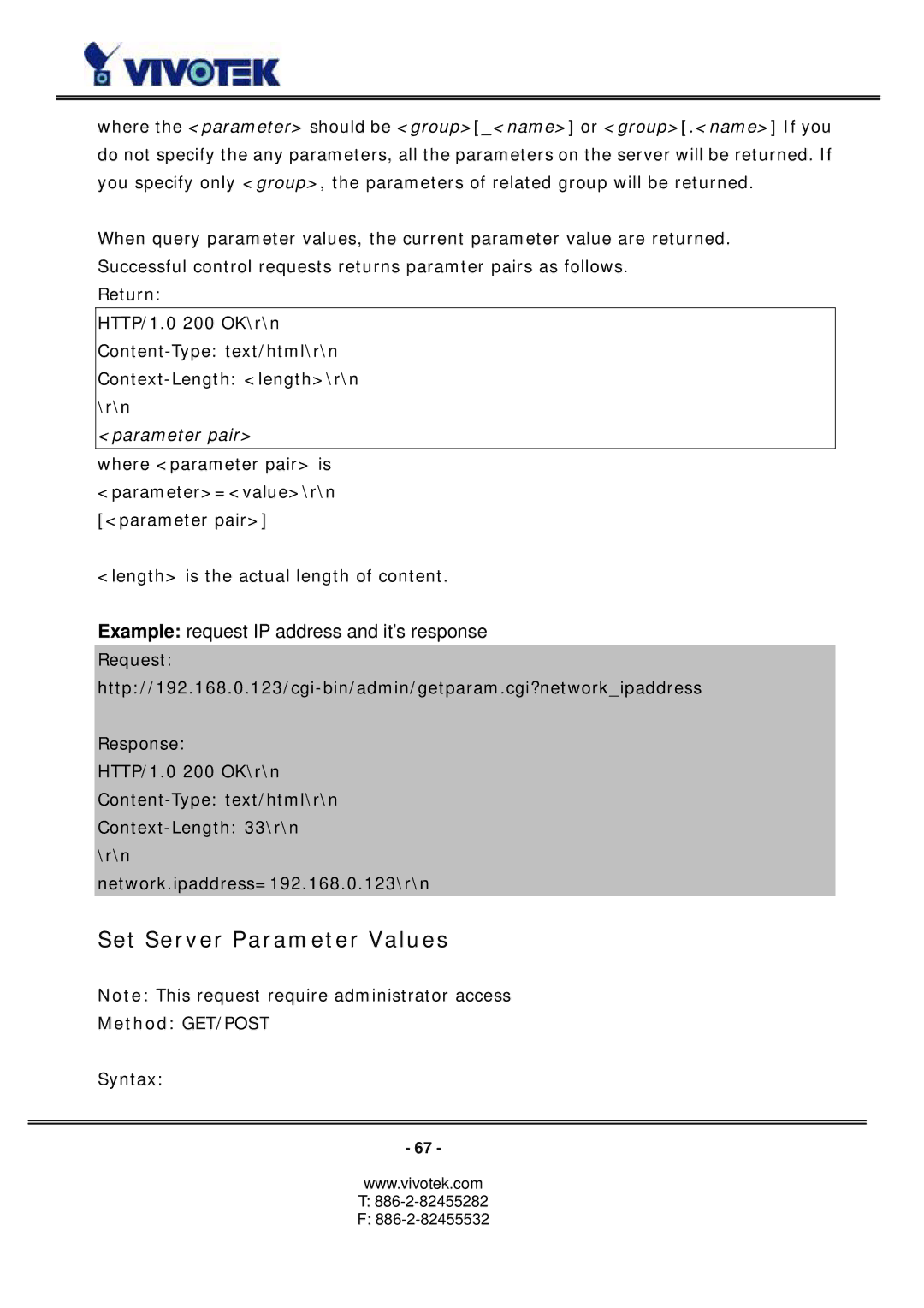 Vivotek PZ6114/PZ6124 manual Set Server Parameter Values, Parameter pair 