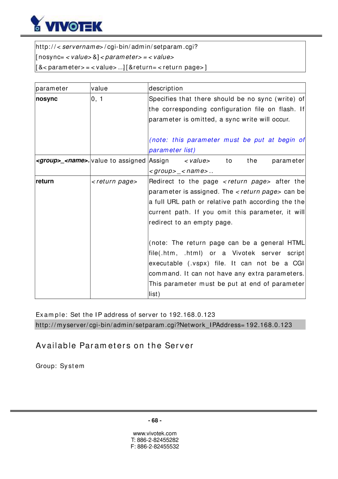 Vivotek PZ6114/PZ6124 manual Available Parameters on the Server, Nosync 