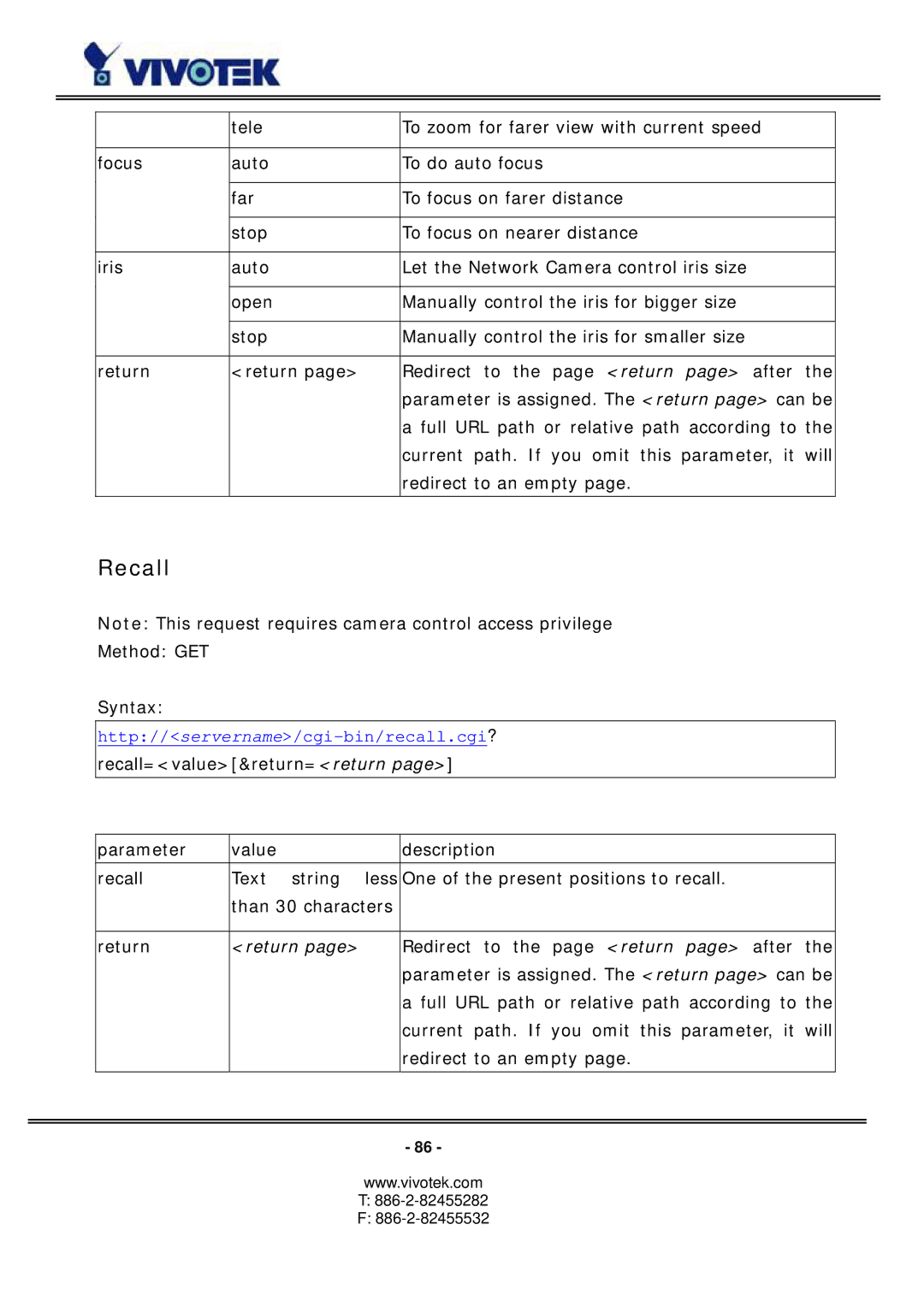 Vivotek PZ6114/PZ6124 manual Recall 