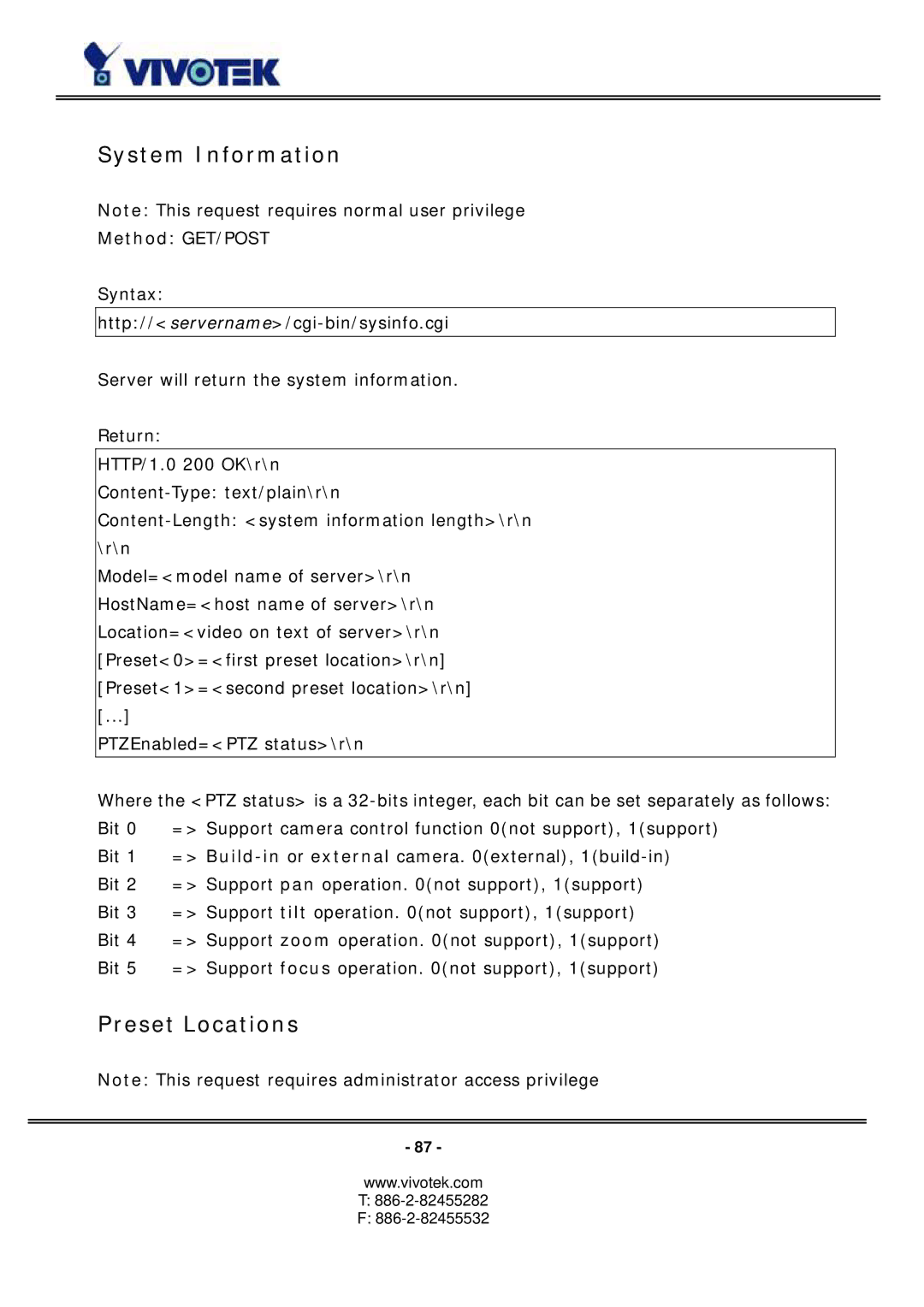 Vivotek PZ6114/PZ6124 manual System Information, Preset Locations 