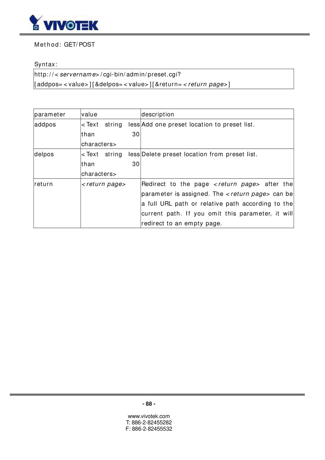 Vivotek PZ6114/PZ6124 manual Method GET/POST 