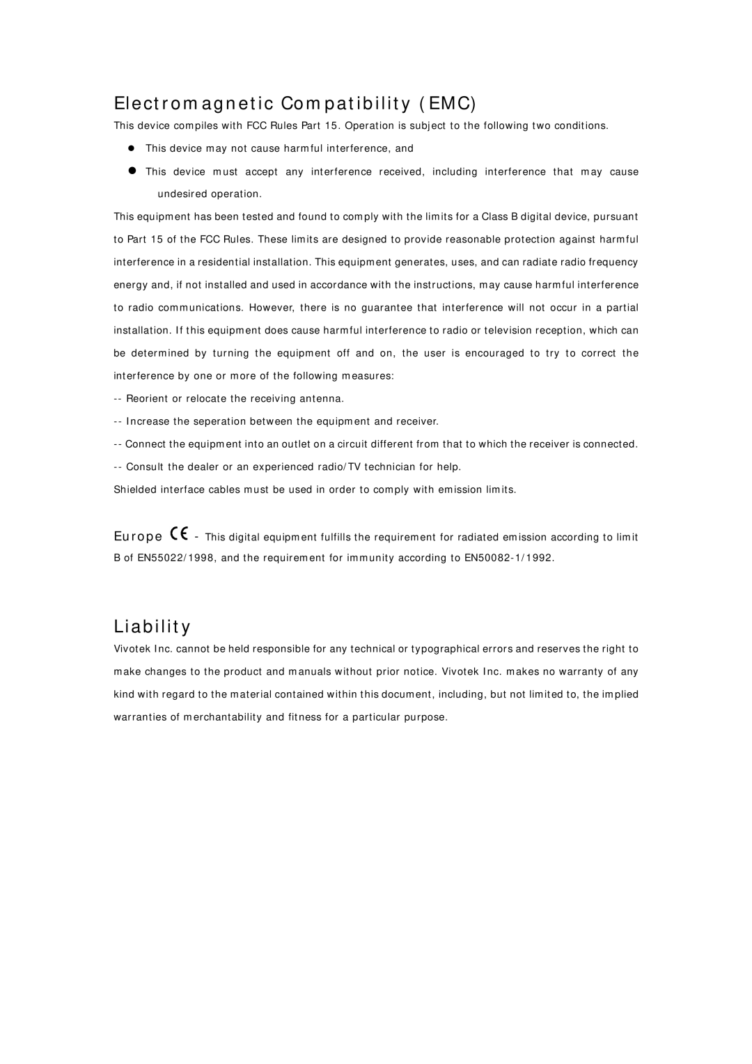 Vivotek PZ6114/PZ6124 manual Electromagnetic Compatibility EMC, Liability 