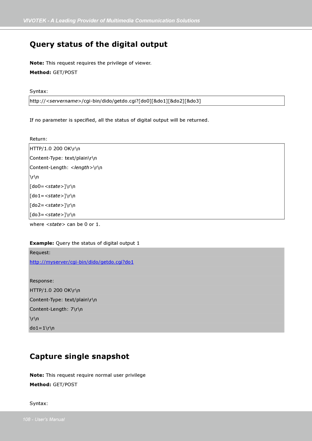 Vivotek PZ7112, PZ7121, PZ7111, PZ7122 manual Query status of the digital output, Capture single snapshot 