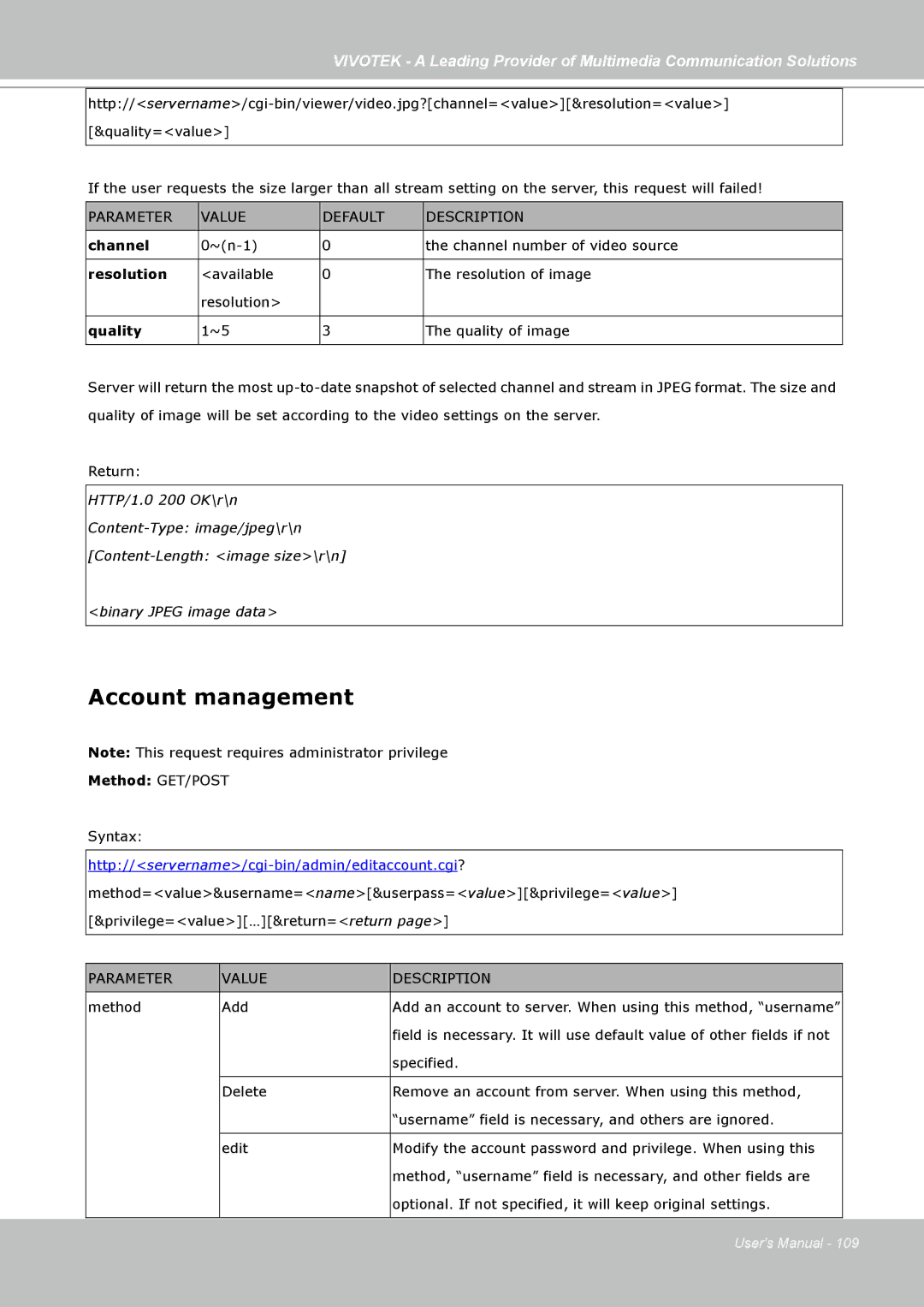 Vivotek PZ7121, PZ7112, PZ7111, PZ7122 manual Account management, Channel, Resolution, Quality 