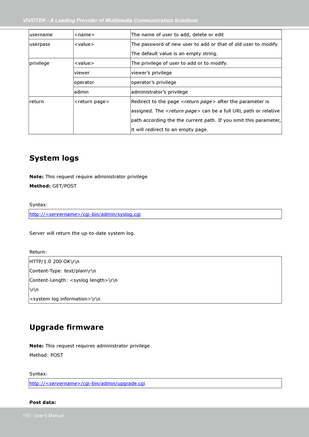 Vivotek PZ7111, PZ7112, PZ7121, PZ7122 manual System logs, Upgrade firmware, Post data 