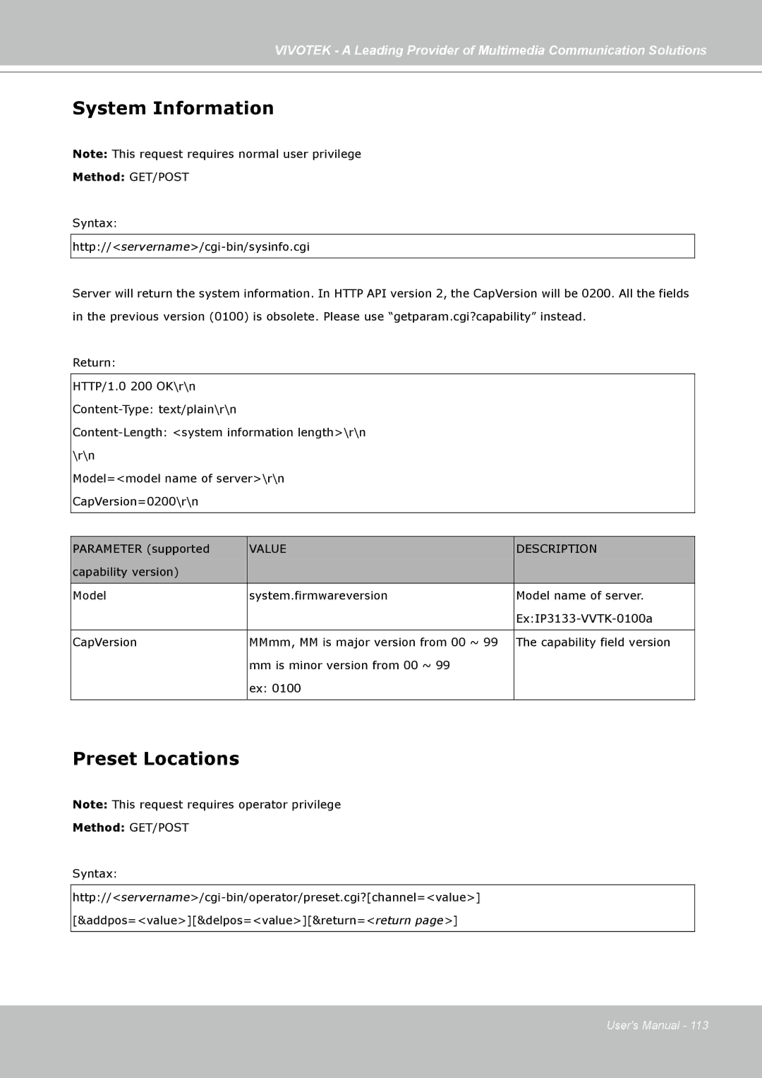 Vivotek PZ7121, PZ7112, PZ7111, PZ7122 manual System Information, Preset Locations 