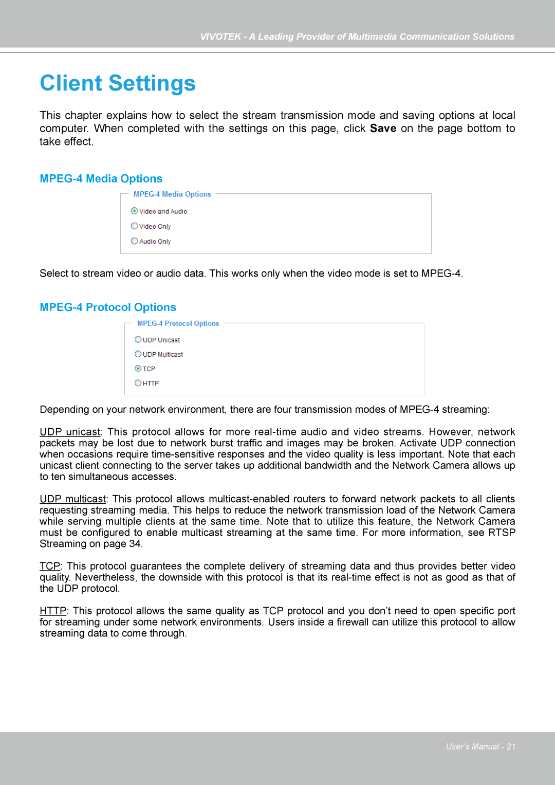 Vivotek PZ7121, PZ7112, PZ7111, PZ7122 manual Client Settings 