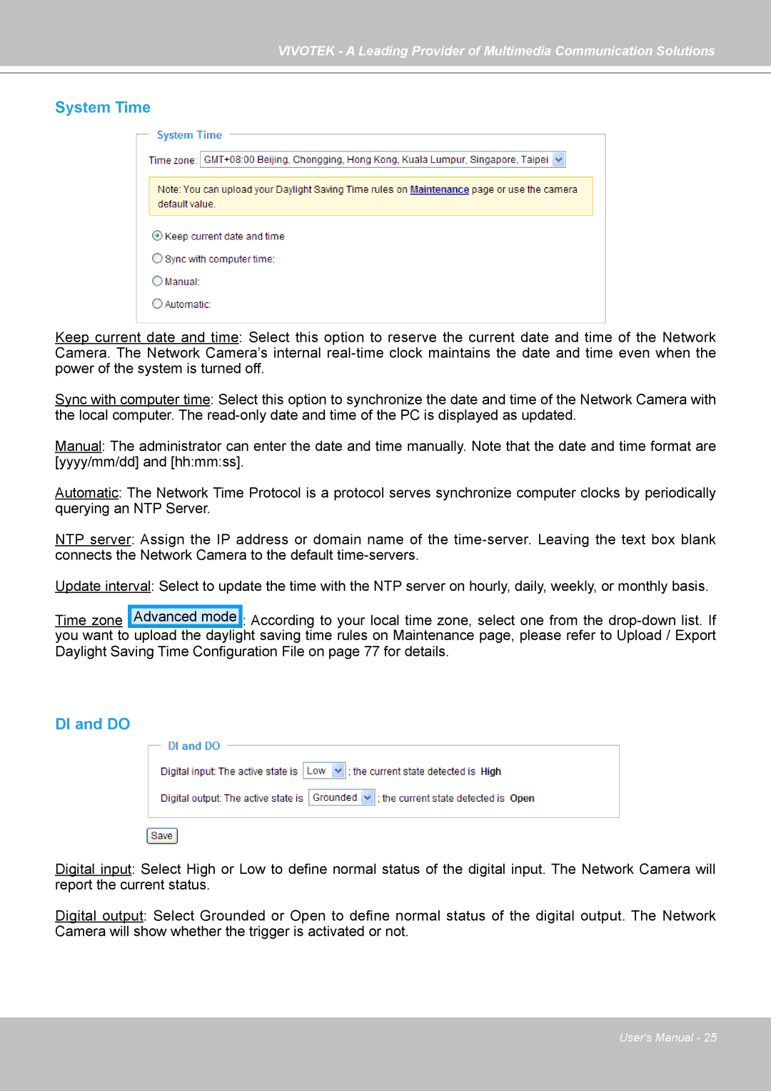 Vivotek PZ7121, PZ7112, PZ7111, PZ7122 manual System Time, DI and do 