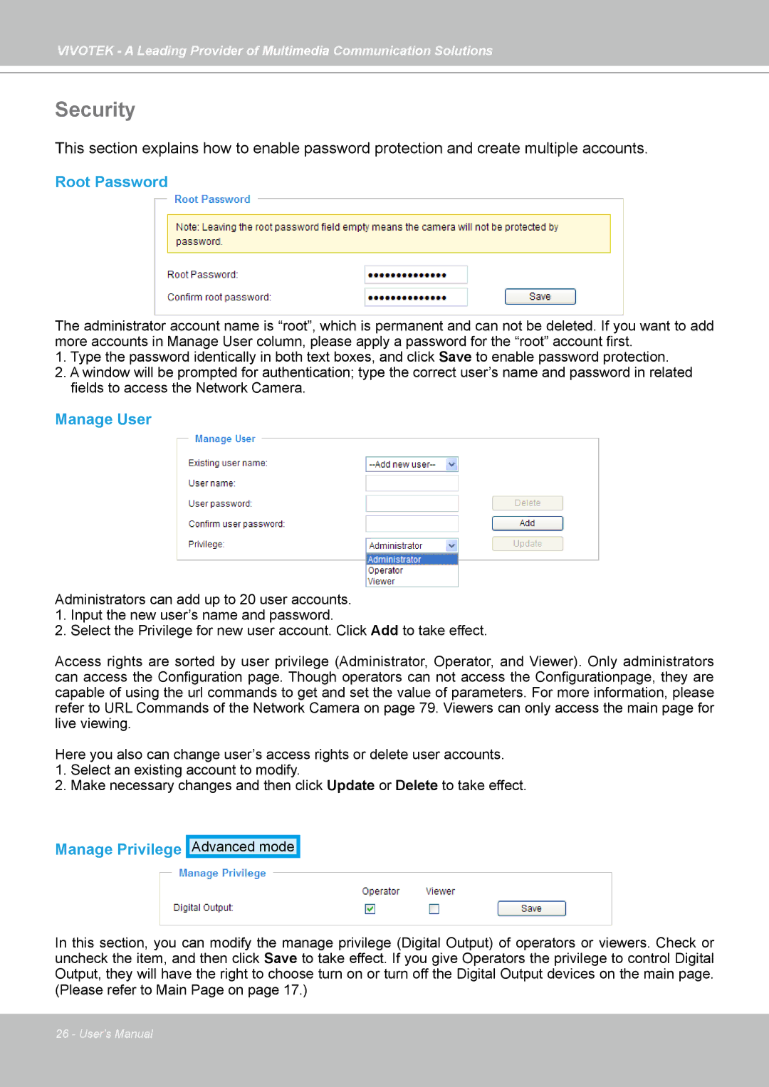 Vivotek PZ7111, PZ7112, PZ7121, PZ7122 manual Security, Root Password, Manage User, Manage Privilege 