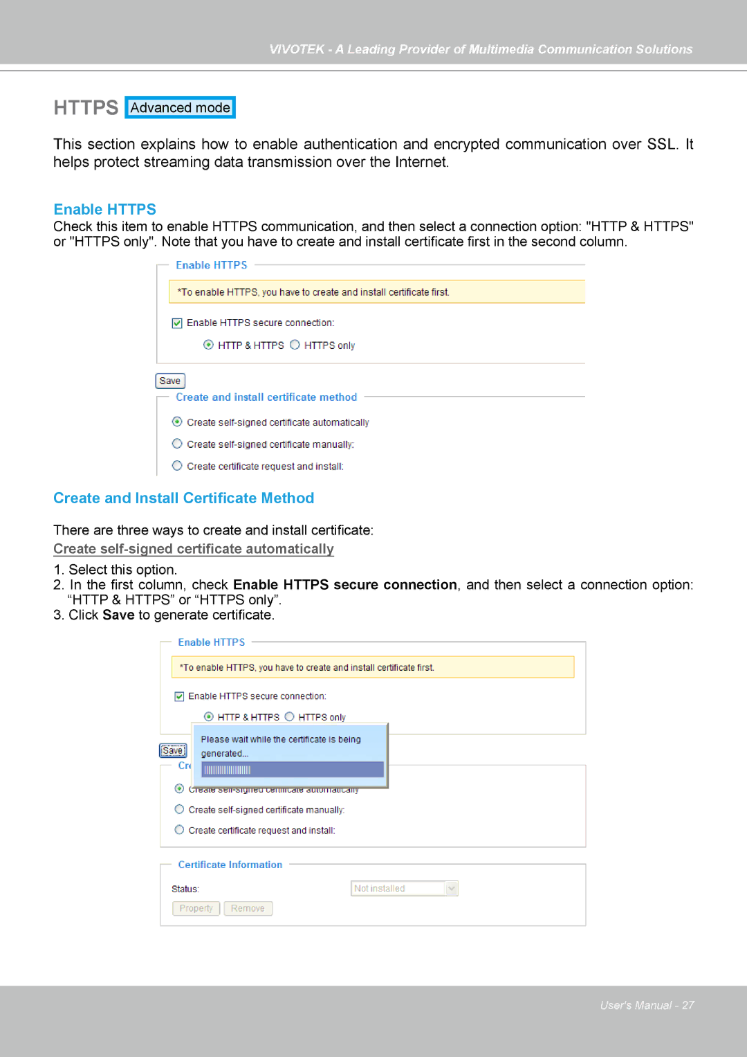 Vivotek PZ7122, PZ7112, PZ7121, PZ7111 manual Enable Https, Create and Install Certificate Method 